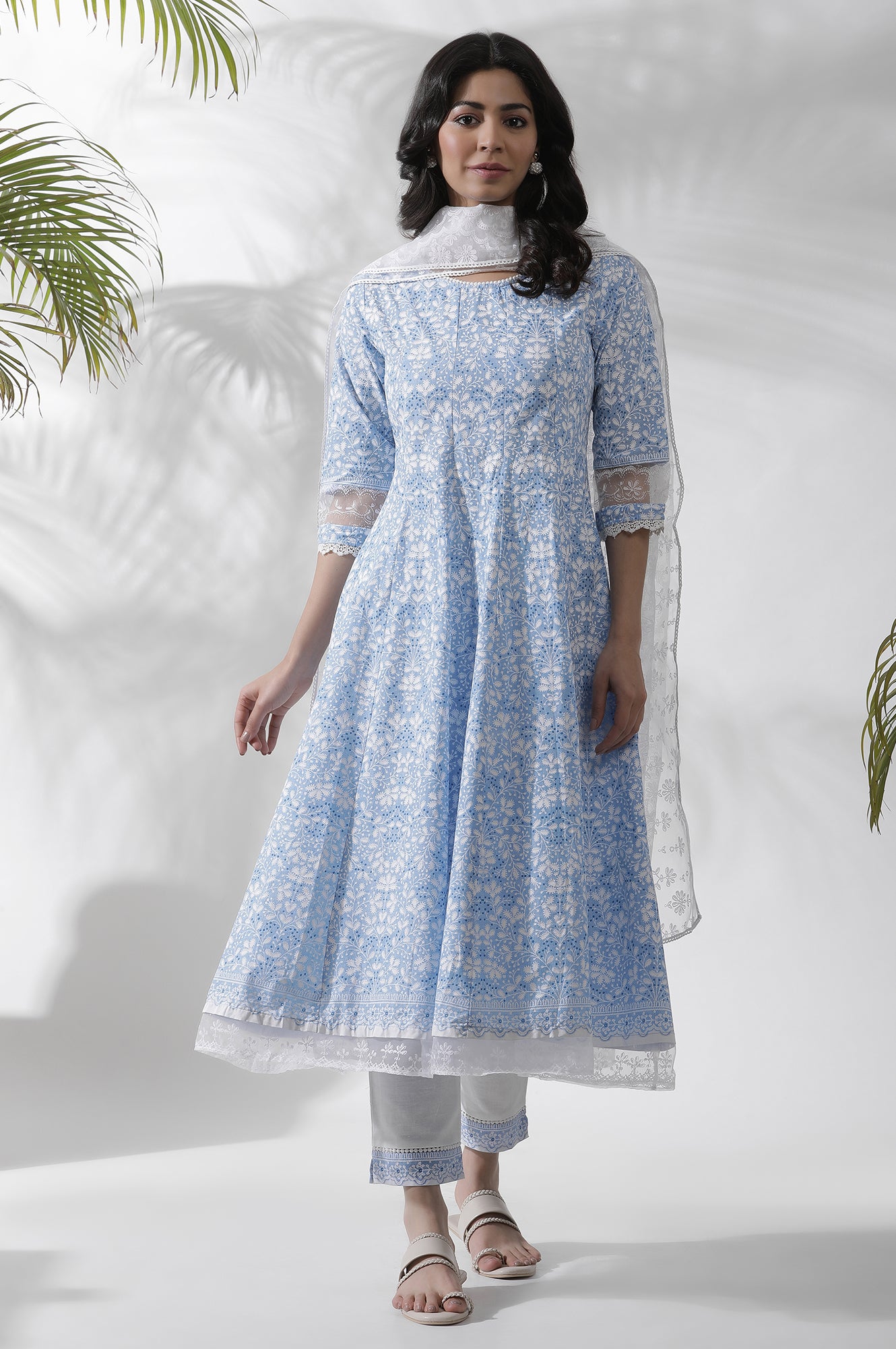 Light Blue Floral Printed Flared Kurta, Pants And Dupatta Set