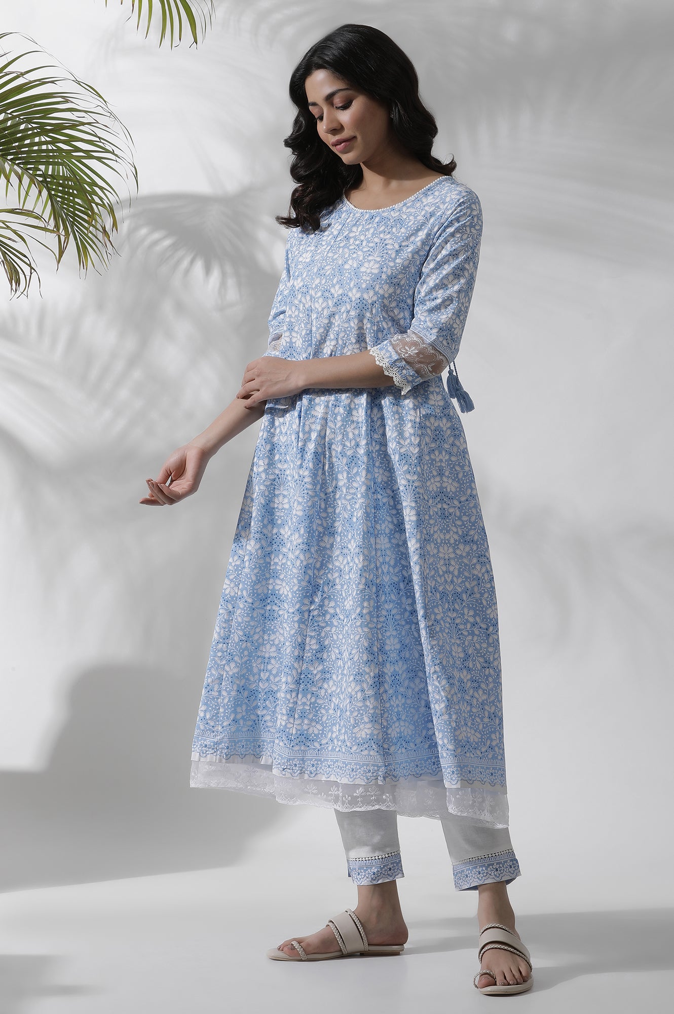 Light Blue Floral Printed Flared Kurta, Pants And Dupatta Set