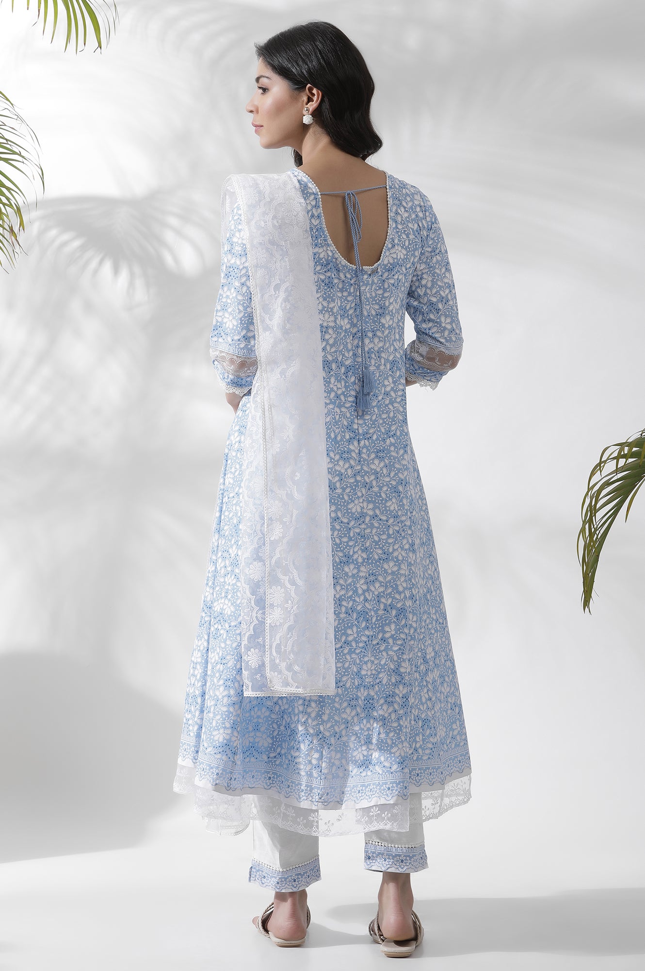 Light Blue Floral Printed Flared Kurta, Pants And Dupatta Set