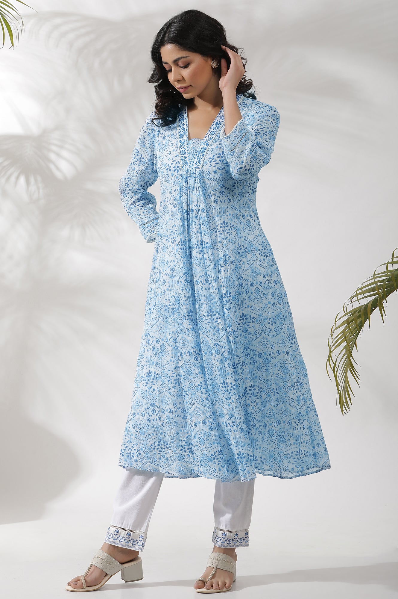 White And Blue Printed Gathered Kurta And Pants Set