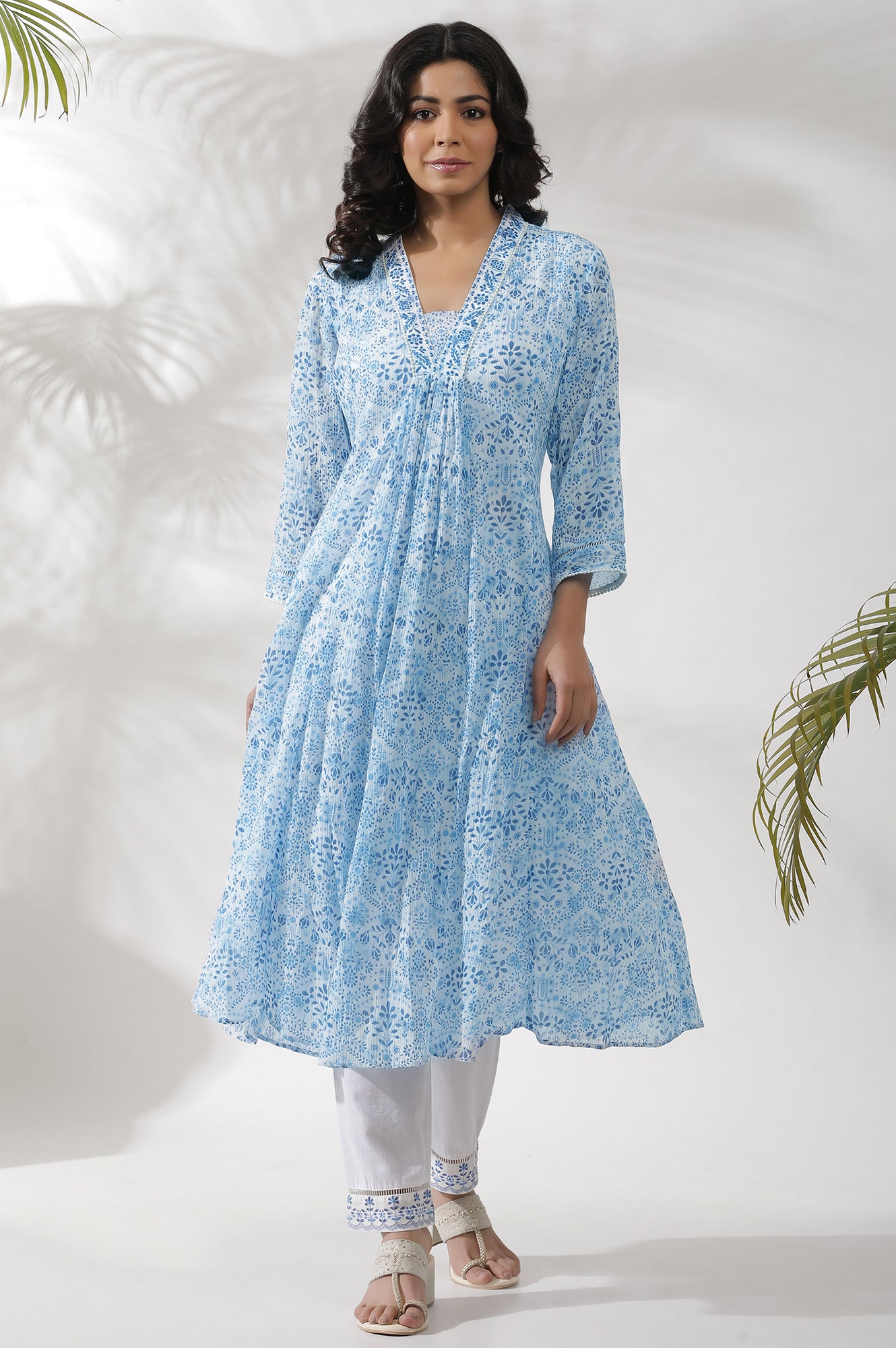 White And Blue Printed Gathered Kurta And Pants Set