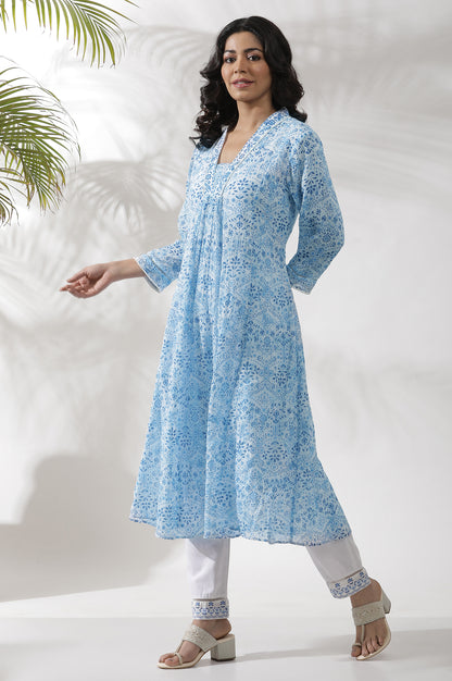 White And Blue Printed Gathered Kurta And Pants Set