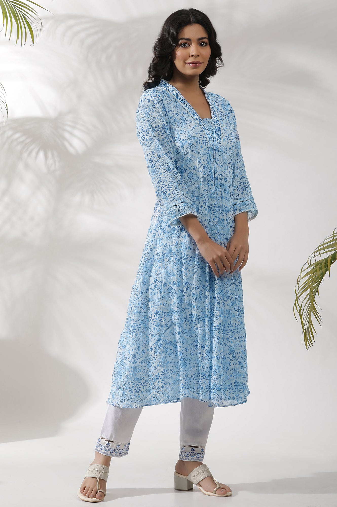 White And Blue Printed Gathered Kurta And Pants Set