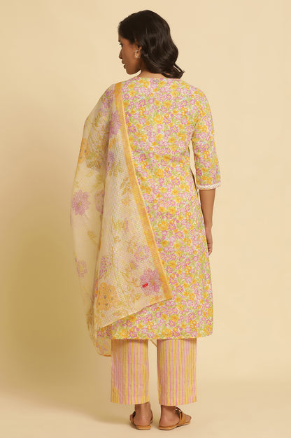 Multi-Coloured Floral Printed Kurta, Pants And Dupatta Set