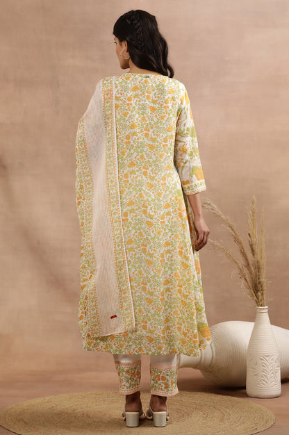 White Multi-Coloured Floral Printed Panelled Kurta, Pants And Dupatta Set