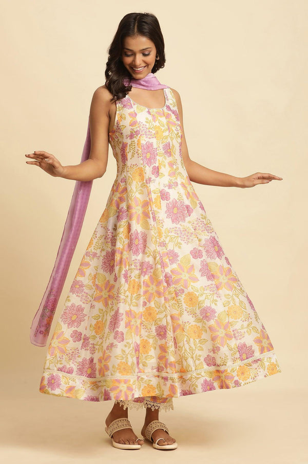 White Sleeveless Printed Flared Kurta, Pants And Dupatta Set