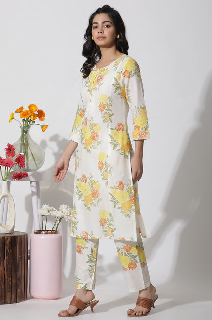 White Floral Printed Cotton Kurta, Pants And Kota Dupatta Set