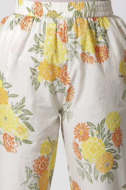 White Floral Printed Cotton Kurta, Pants And Kota Dupatta Set