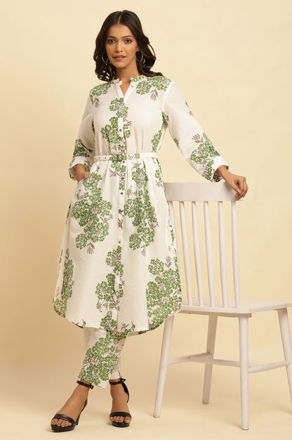 White Floral Printed Textured Cotton Kurta And Pants Co-Ord Set