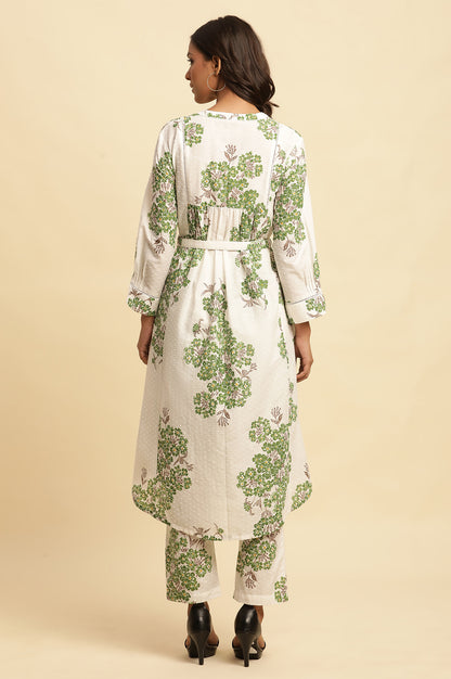 White Floral Printed Textured Cotton Kurta And Pants Co-Ord Set