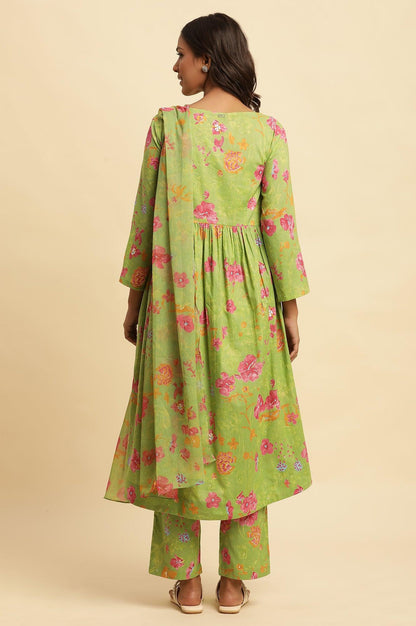 Green Floral Printed Gathered Kurta, Pants And Dupatta Set - wforwoman
