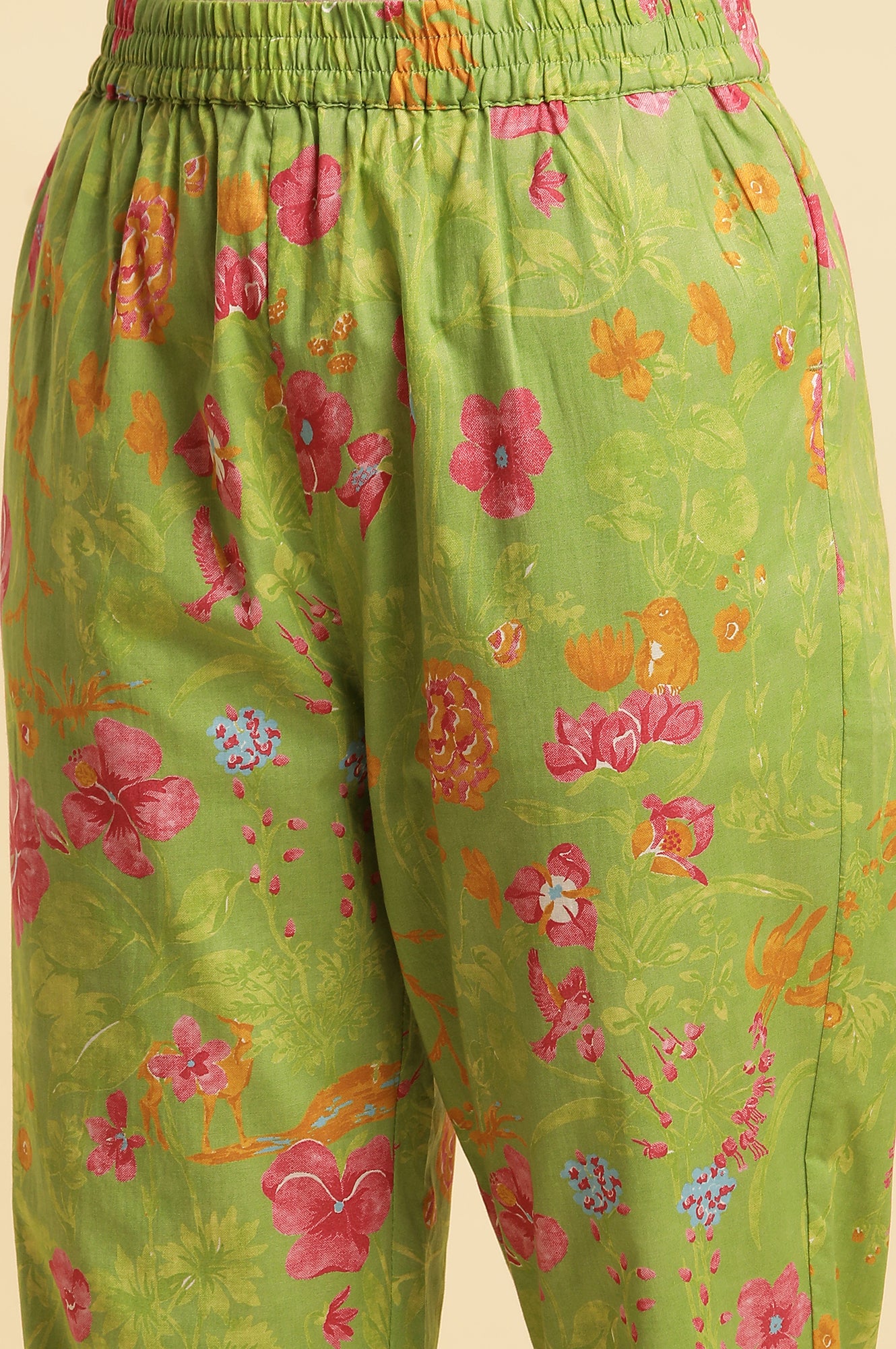 Green Floral Printed Gathered Kurta, Pants And Dupatta Set