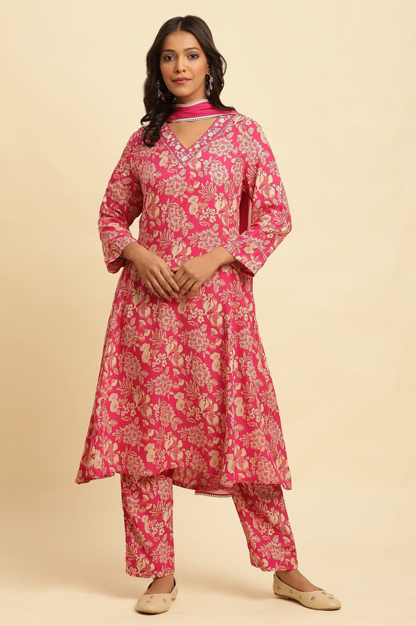 Pink Floral Printed A-Line Kurta, Pants And Dupatta Set