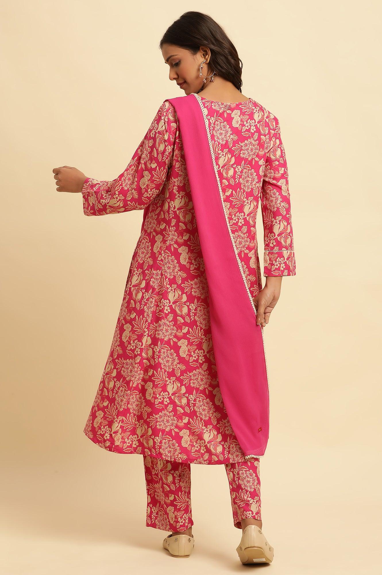 FIORRA Women's Baby Pink Cotton A-Line Kurta Set With Pant - Sleeveless Calf-Length Indian Outfit