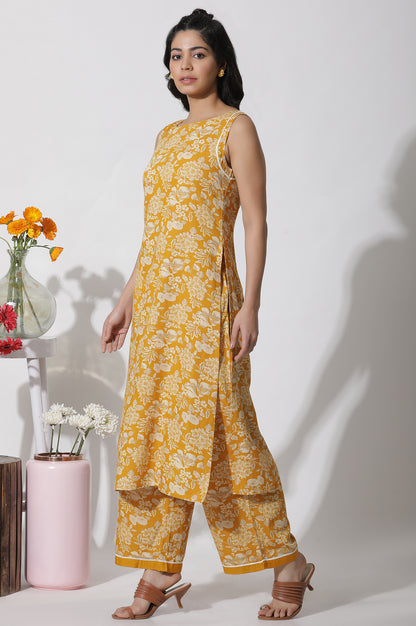 Mustard Floral Printed A-Line Kurta And Flared Pants Set