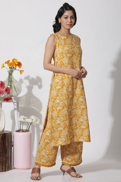 Mustard Floral Printed A-Line Kurta And Flared Pants Set