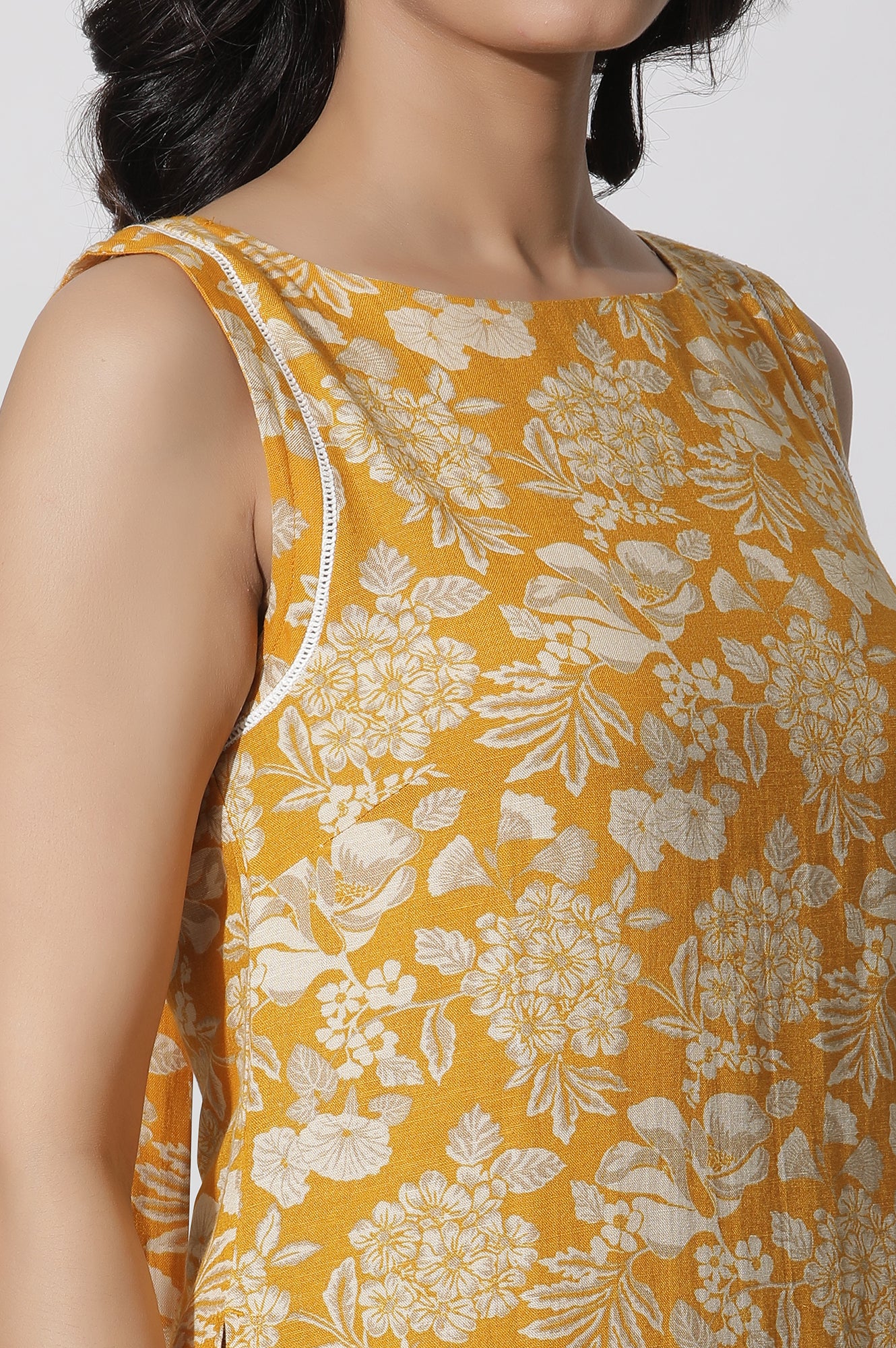 Mustard Floral Printed A-Line Kurta And Flared Pants Set