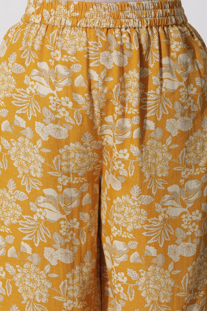 Mustard Floral Printed A-Line Kurta And Flared Pants Set