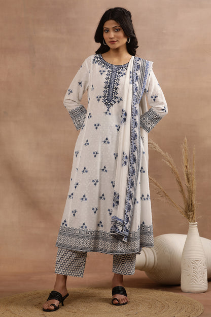 White Printed Flared Kurta, Printed Pants And Dupatta Set