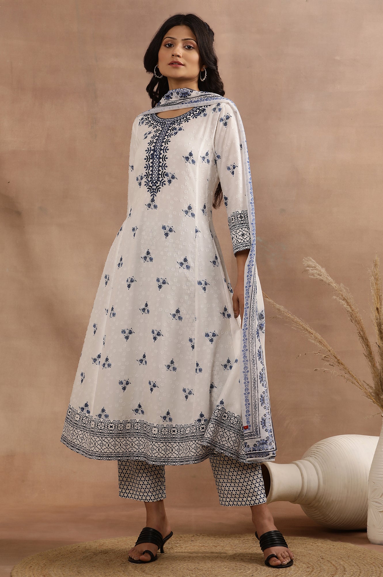 White Printed Flared Kurta, Printed Pants And Dupatta Set