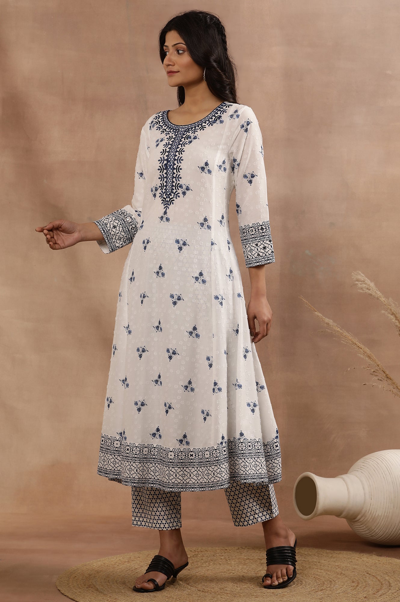 White Printed Flared Kurta, Printed Pants And Dupatta Set