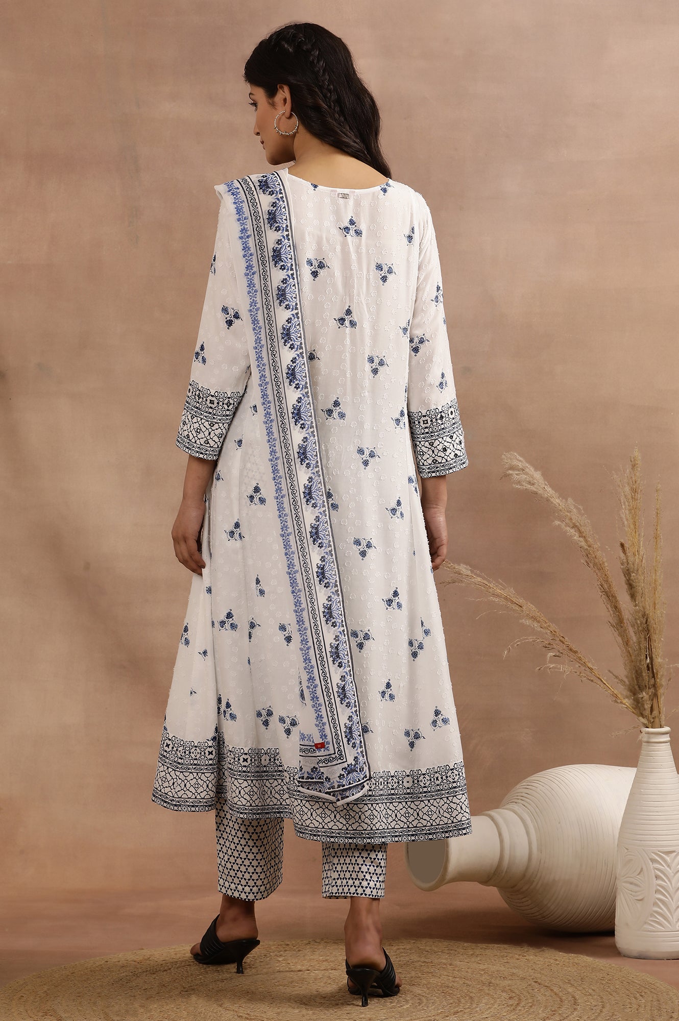 White Printed Flared Kurta, Printed Pants And Dupatta Set