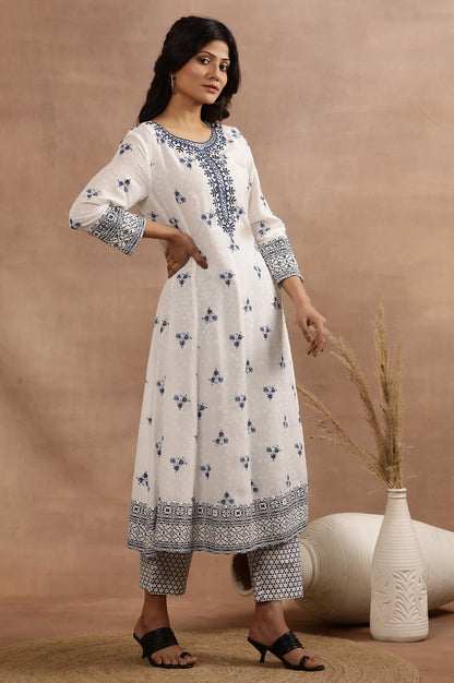 White Printed Flared Kurta, Printed Pants And Dupatta Set