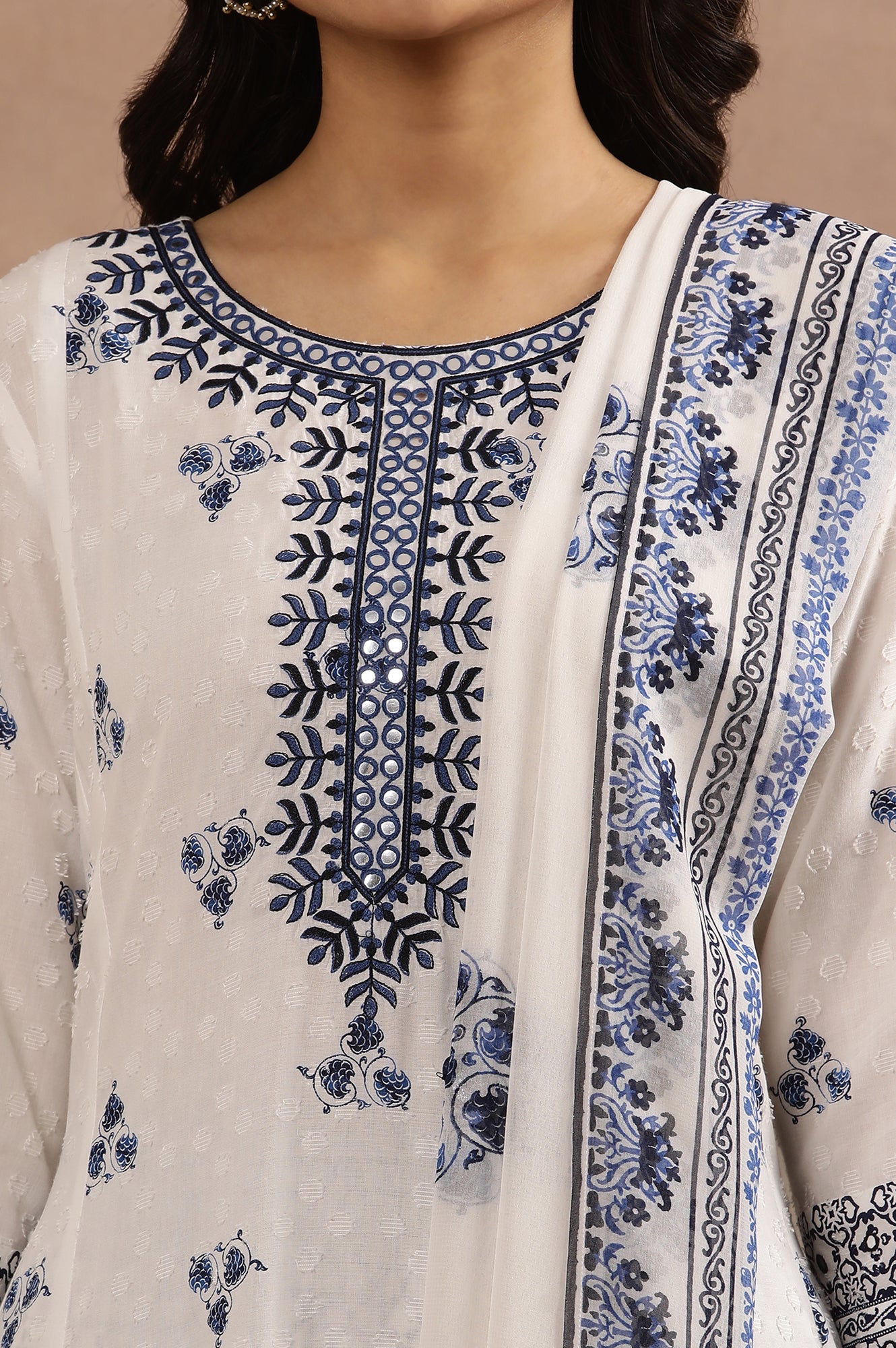 White Printed Flared Kurta, Printed Pants And Dupatta Set