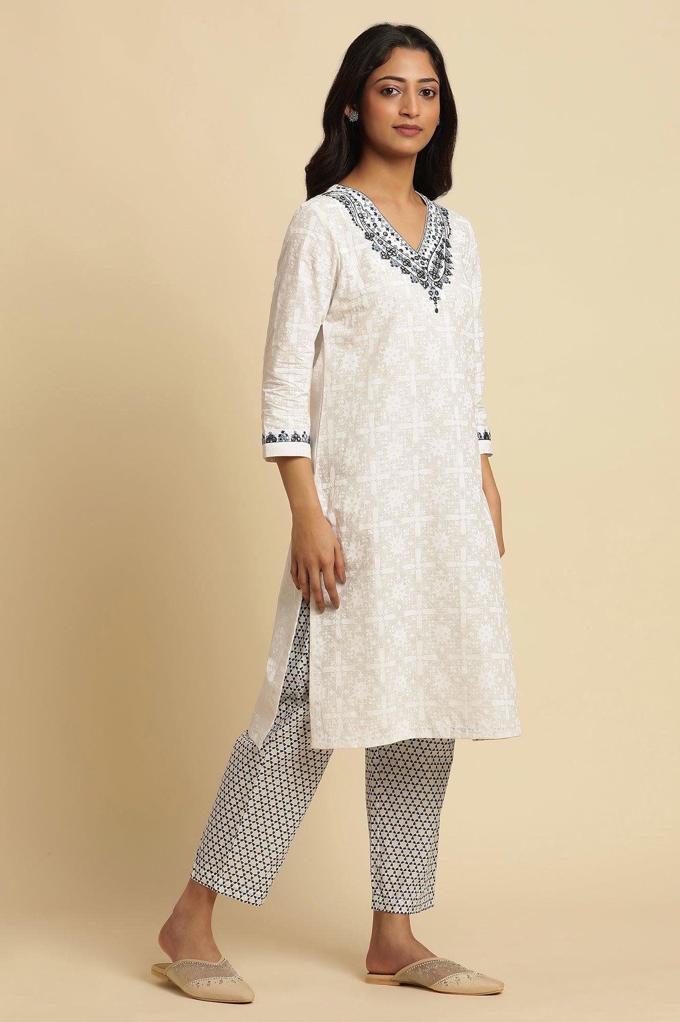White Khadi Printed Cotton Kurta, Pants And Dupatta Set - wforwoman
