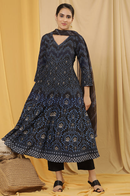 Blue Printed Flared Kurta, Pants And Dupatta Set