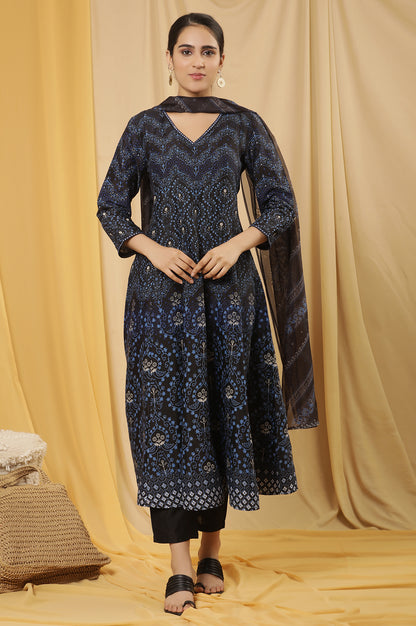 Blue Printed Flared Kurta, Pants And Dupatta Set