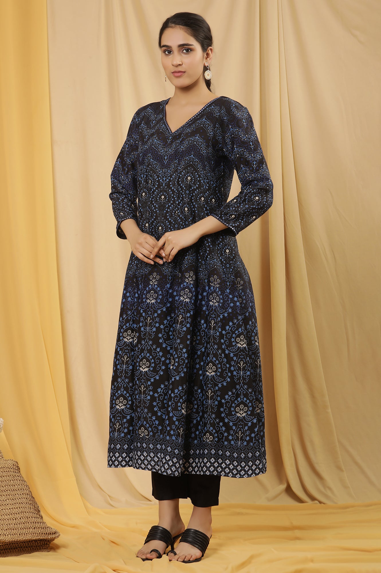 Blue Printed Flared Kurta, Pants And Dupatta Set