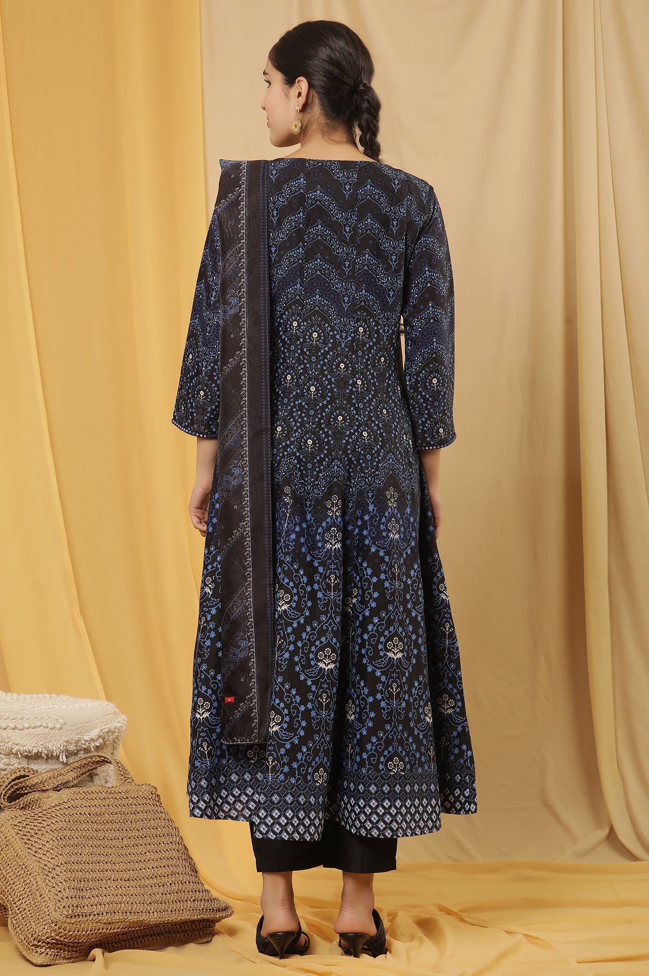 Blue Printed Flared Kurta, Pants And Dupatta Set