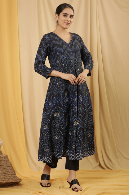 Blue Printed Flared Kurta, Pants And Dupatta Set