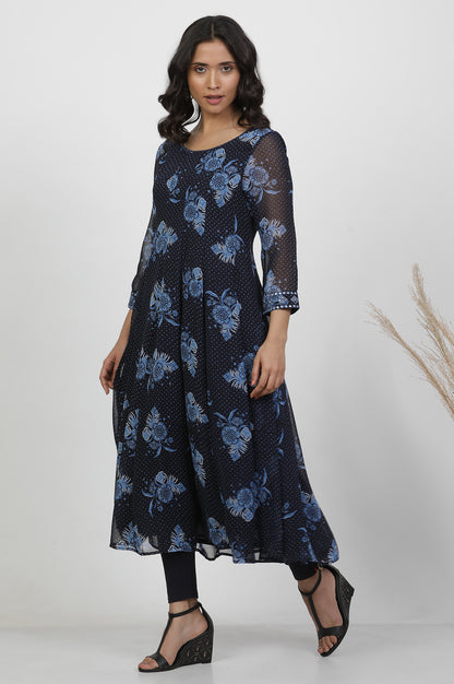 Blue Floral Printed Flared Georgette Kurta, Tights And Dupatta Set