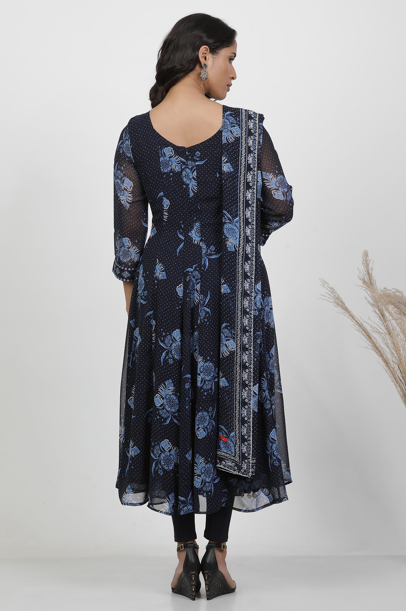 Blue Floral Printed Flared Georgette Kurta, Tights And Dupatta Set