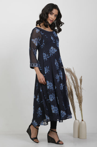 Blue Floral Printed Flared Georgette Kurta, Tights And Dupatta Set