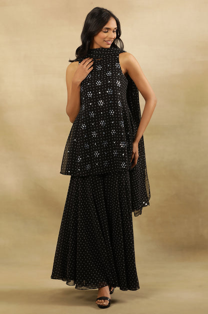 Black Printed Flared Short Kurta, Sharara And Dupatta Set