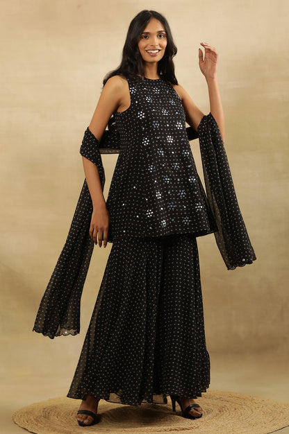 Black Printed Flared Short Kurta, Sharara And Dupatta Set