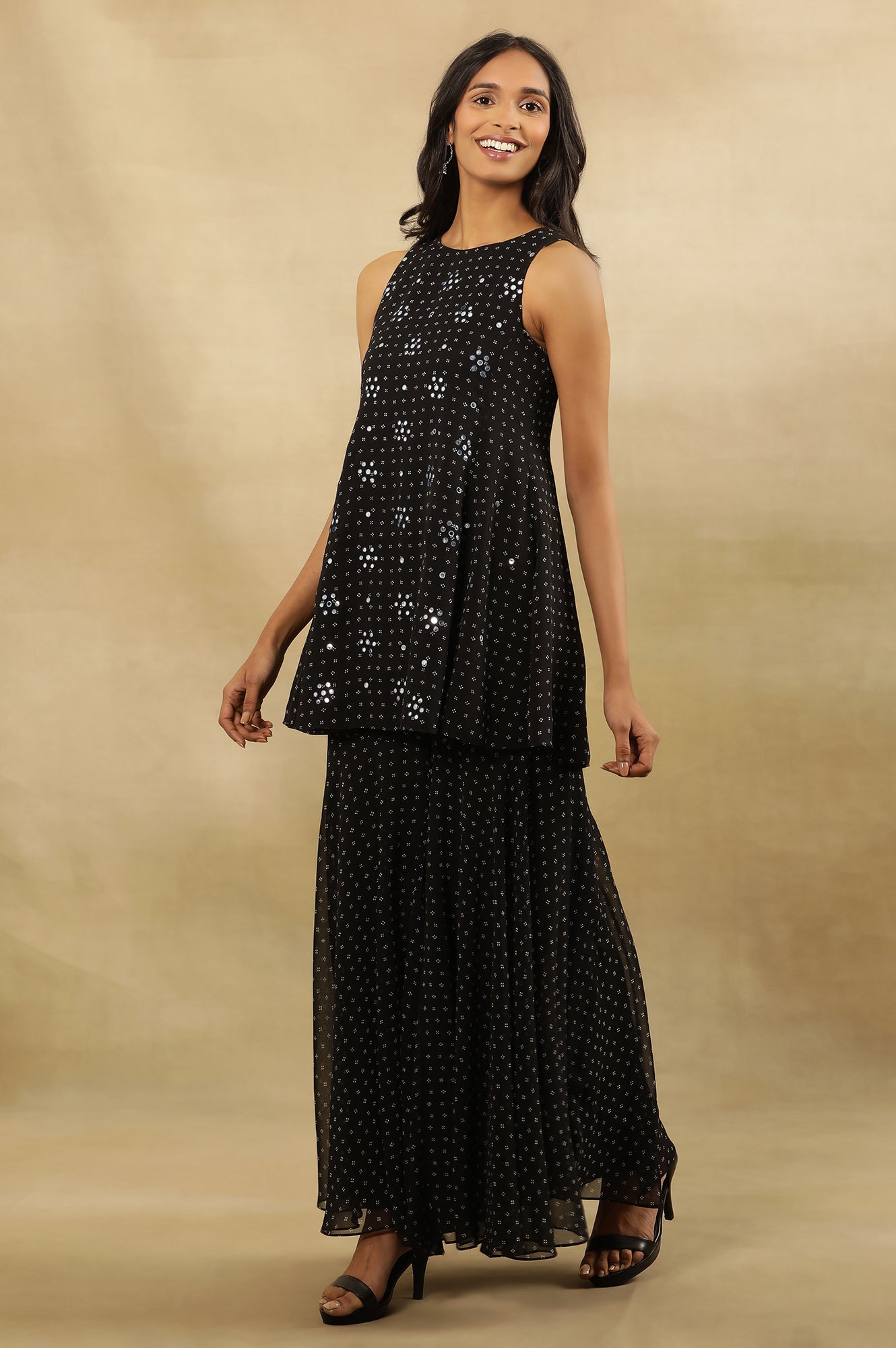 Black Printed Flared Short Kurta, Sharara And Dupatta Set