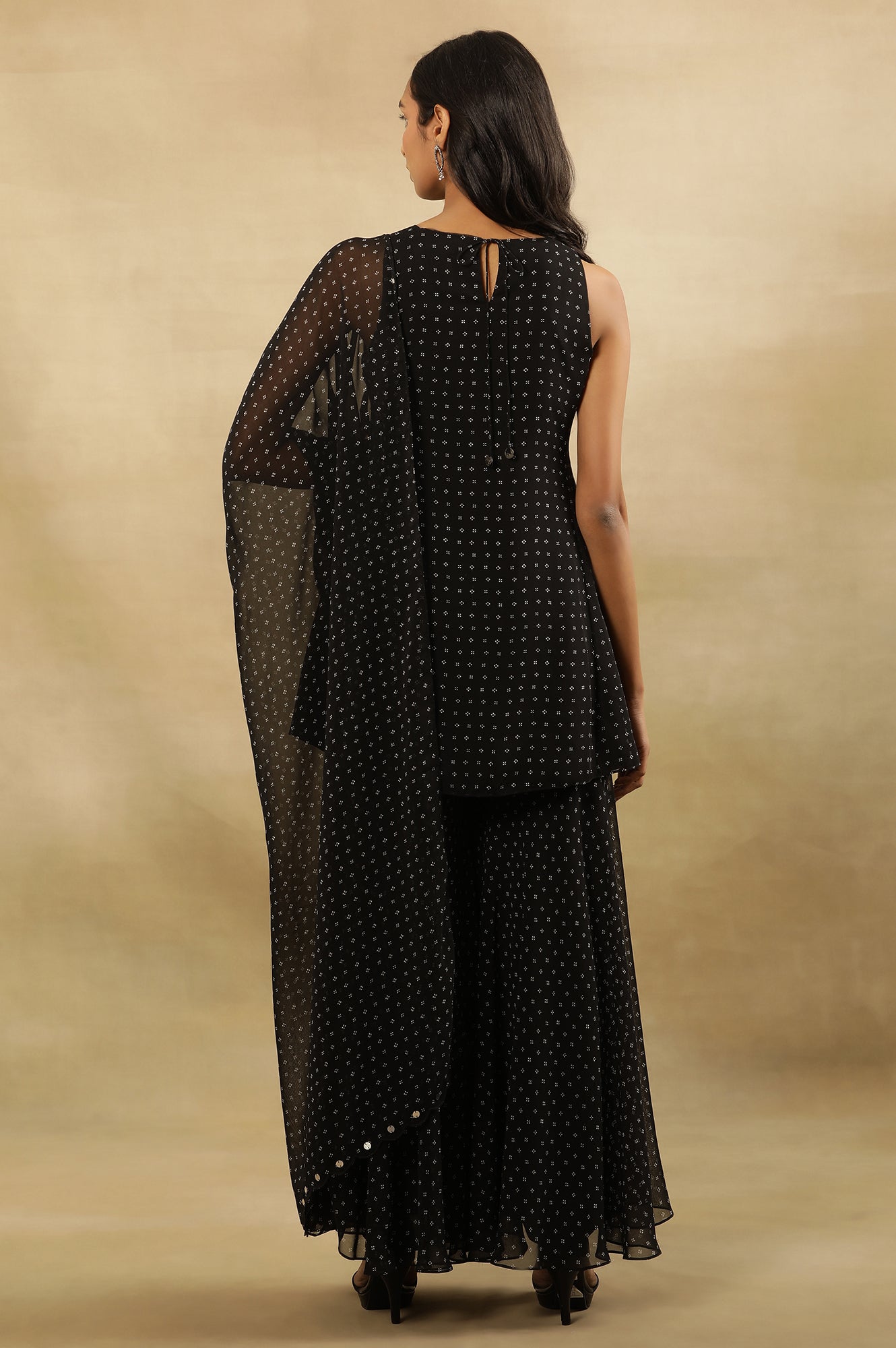 Black Printed Flared Short Kurta, Sharara And Dupatta Set