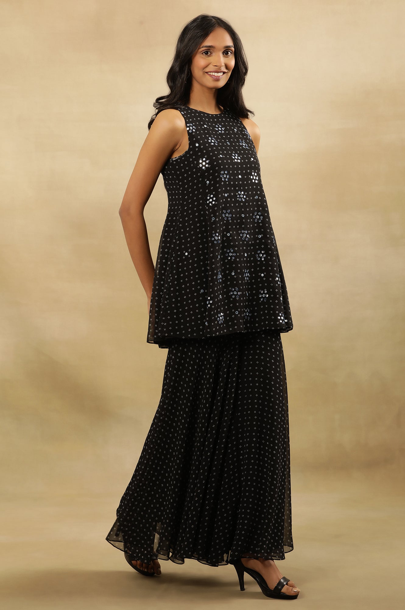 Black Printed Flared Short Kurta, Sharara And Dupatta Set