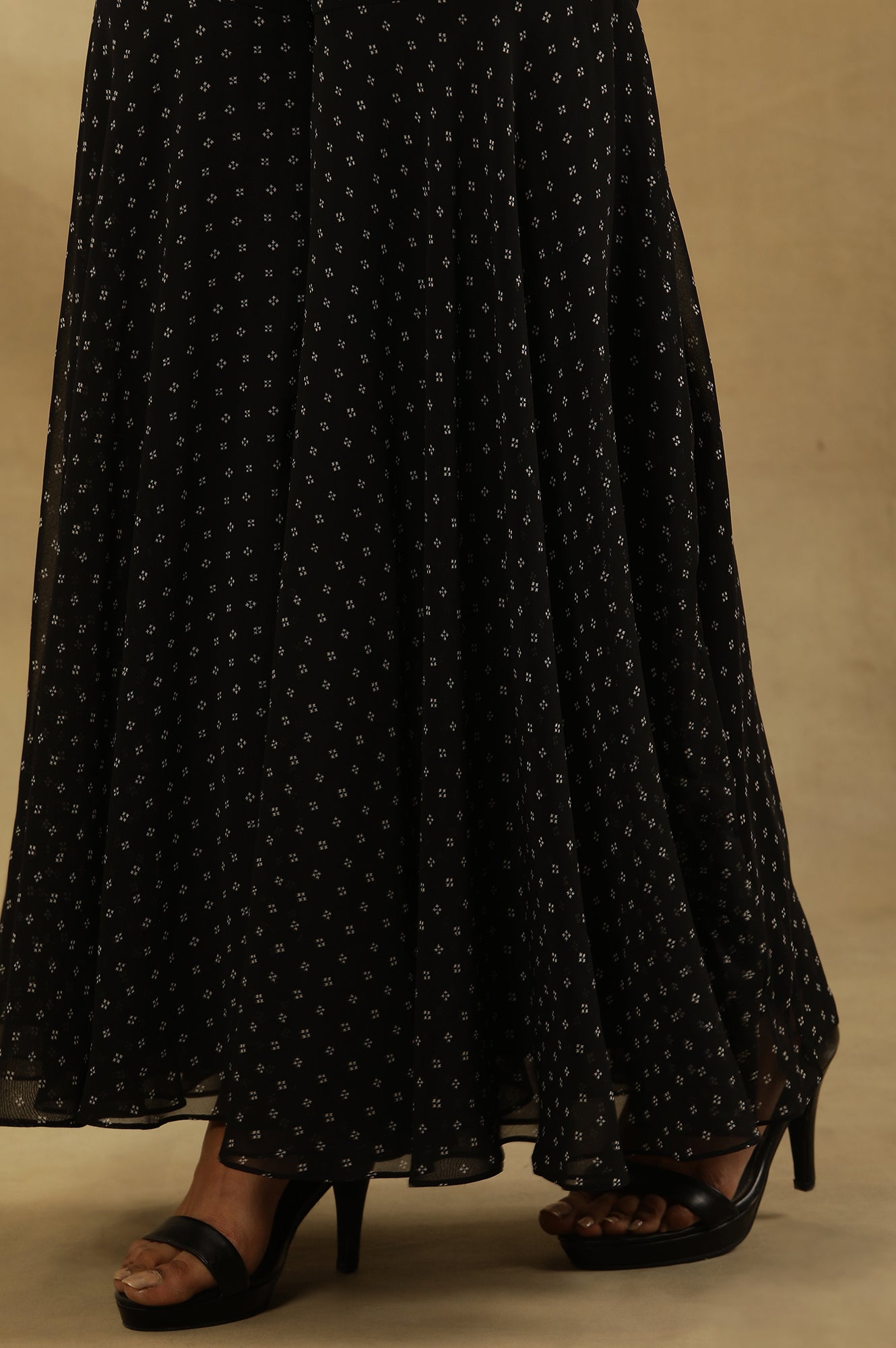 Black Printed Flared Short Kurta, Sharara And Dupatta Set