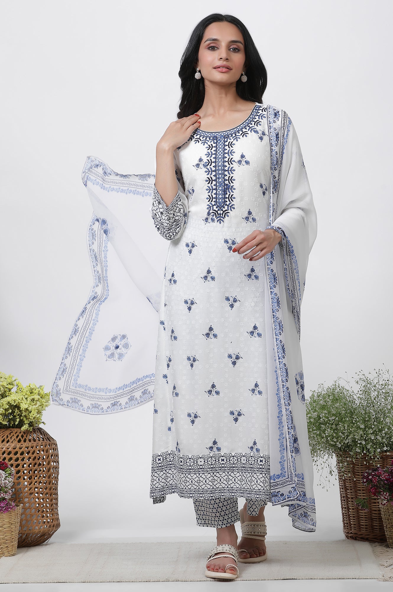 White Printed Kurta With Embroidery, Pants And Dupatta Set