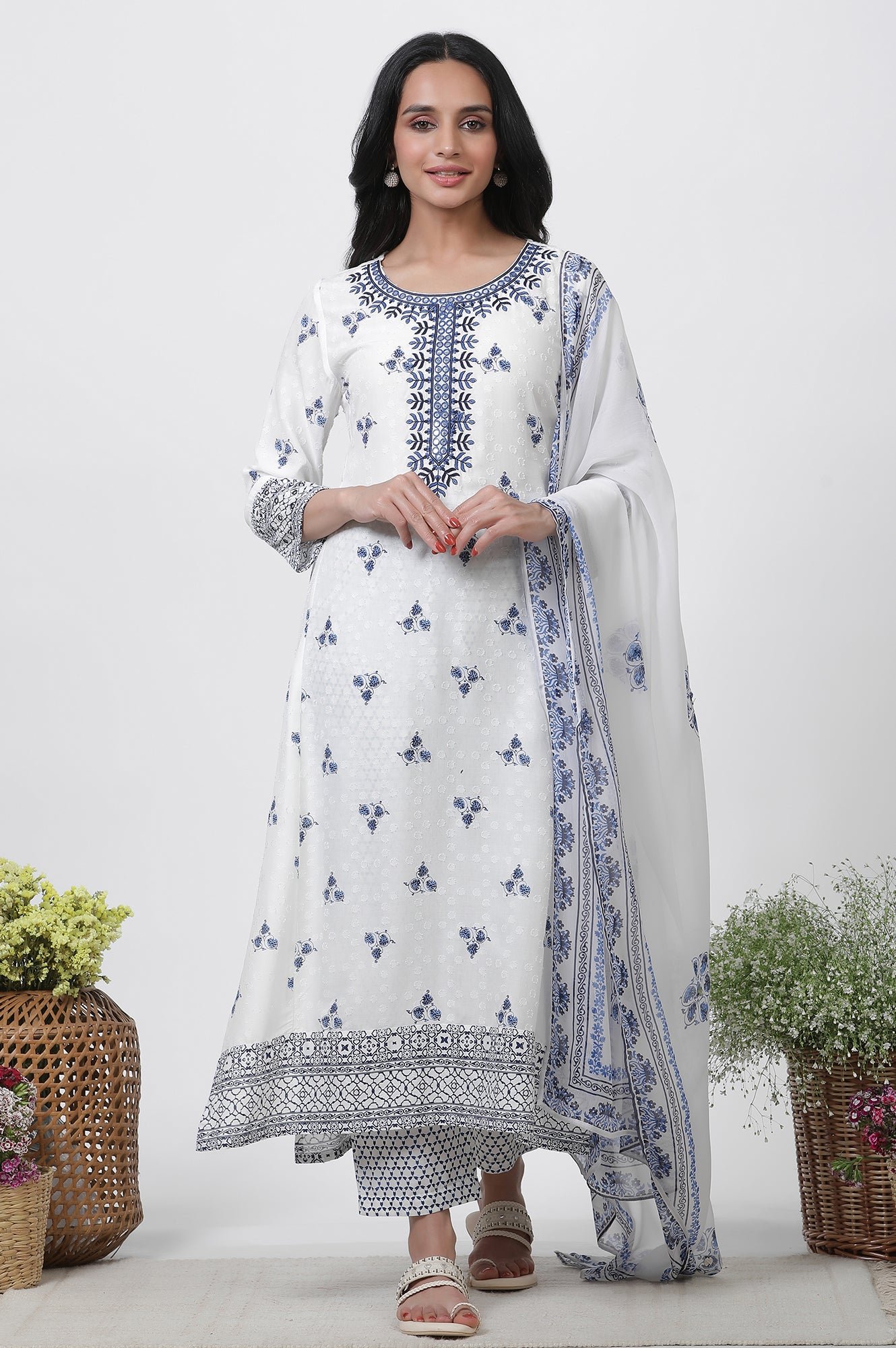 White Printed Kurta With Embroidery, Pants And Dupatta Set