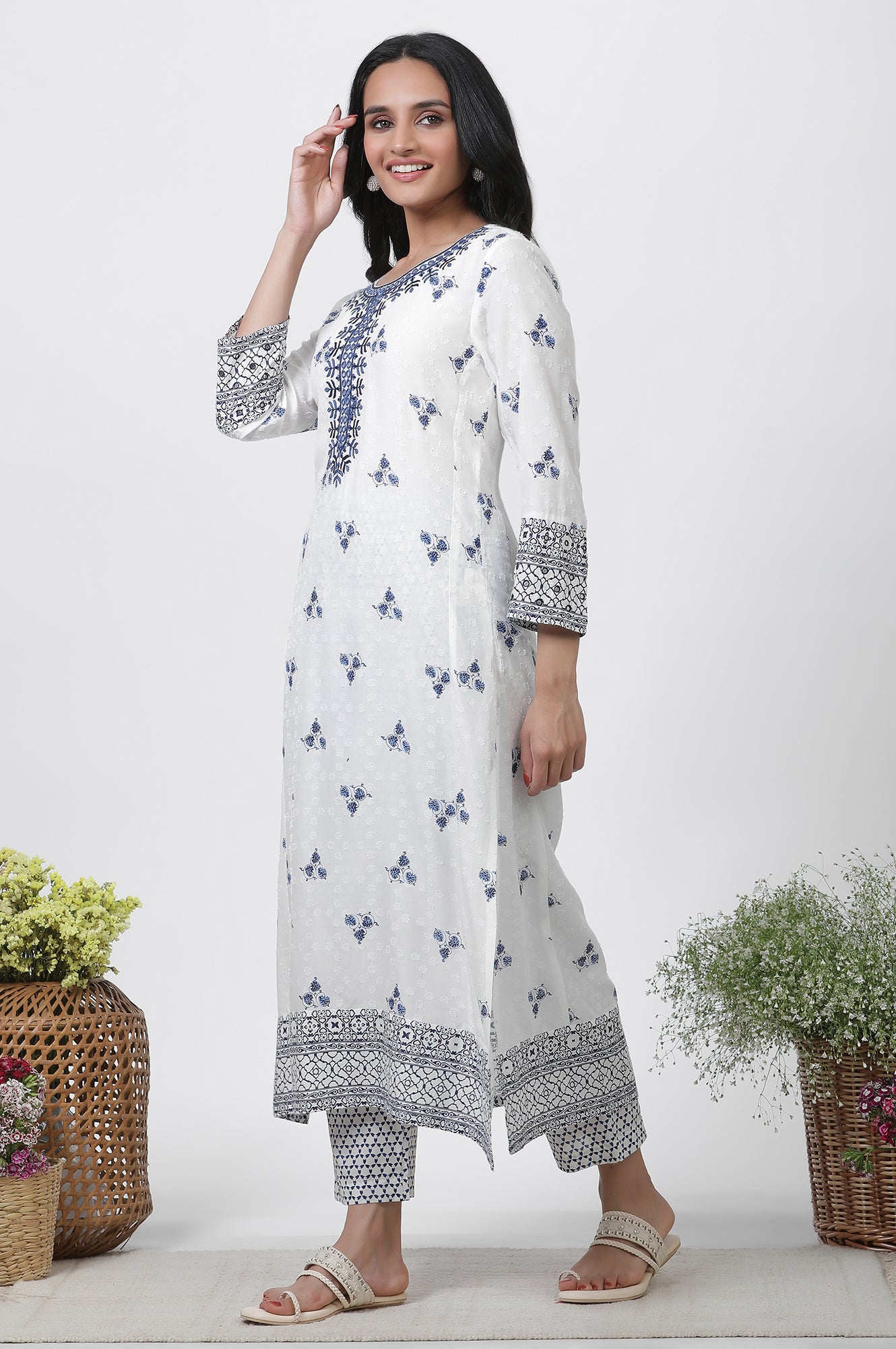 White Printed Kurta With Embroidery, Pants And Dupatta Set