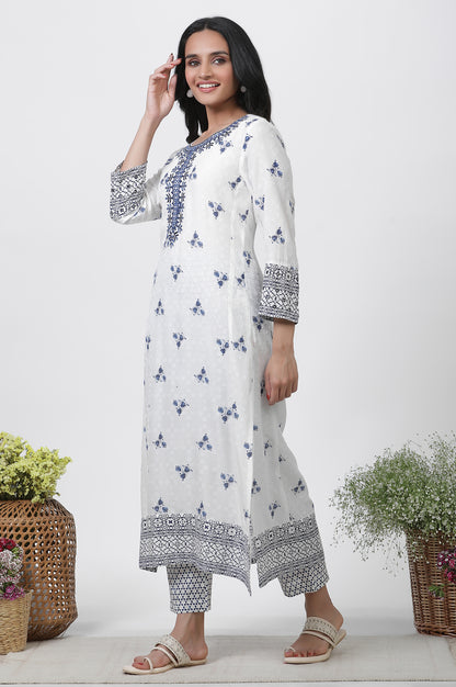 White Printed Kurta With Embroidery, Pants And Dupatta Set