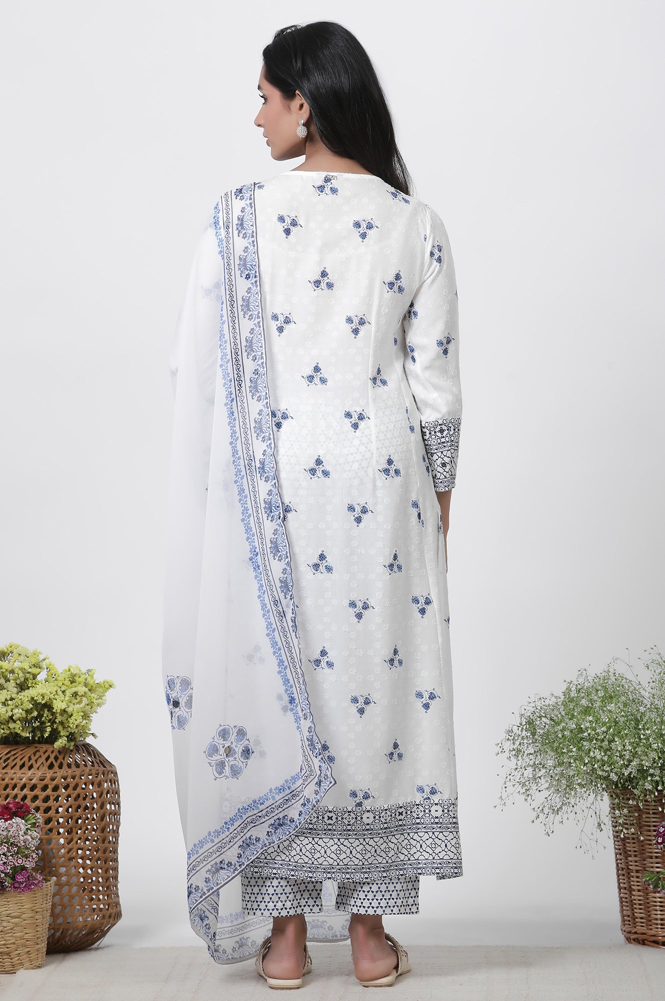 White Printed Kurta With Embroidery, Pants And Dupatta Set