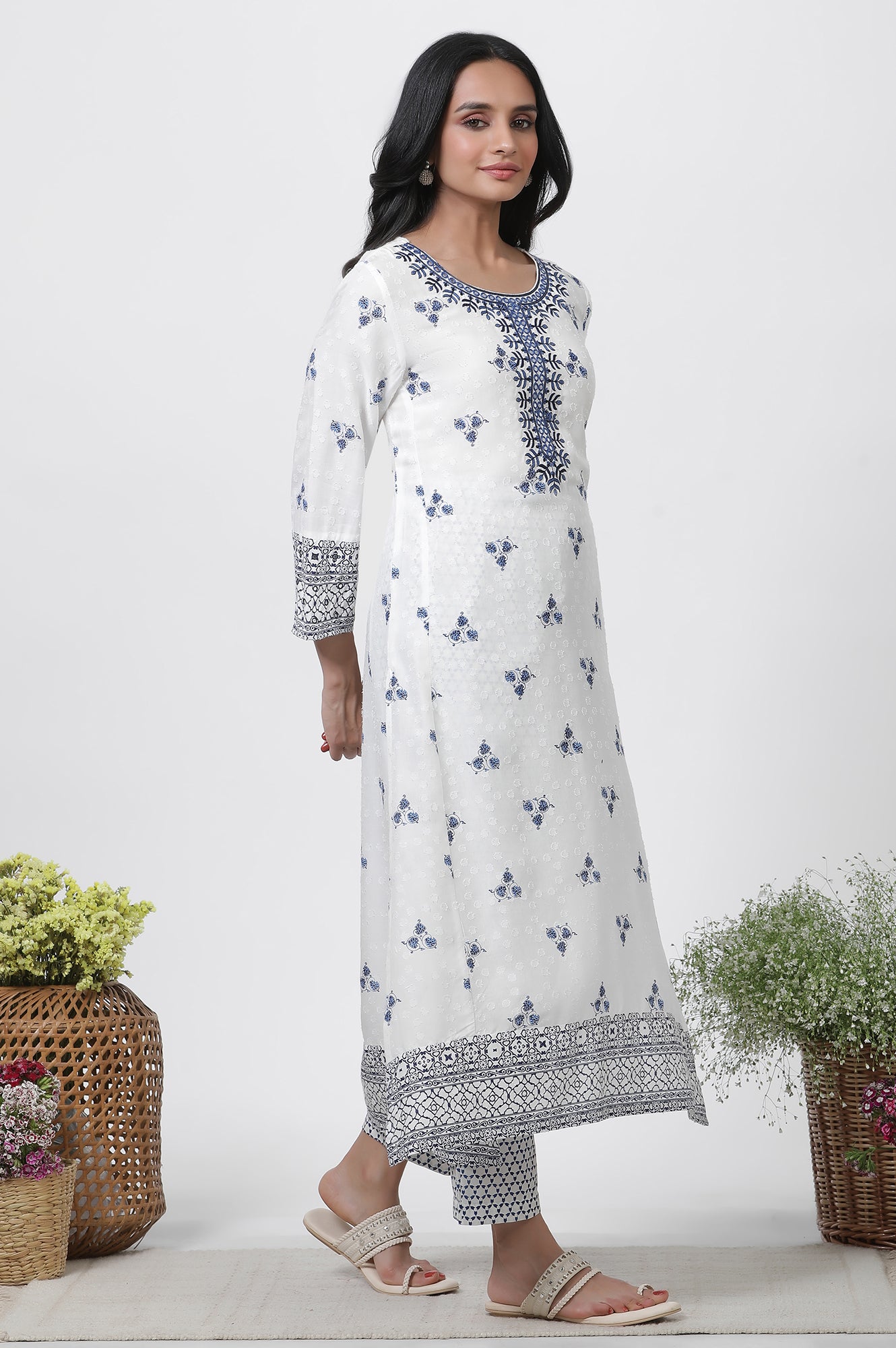 White Printed Kurta With Embroidery, Pants And Dupatta Set