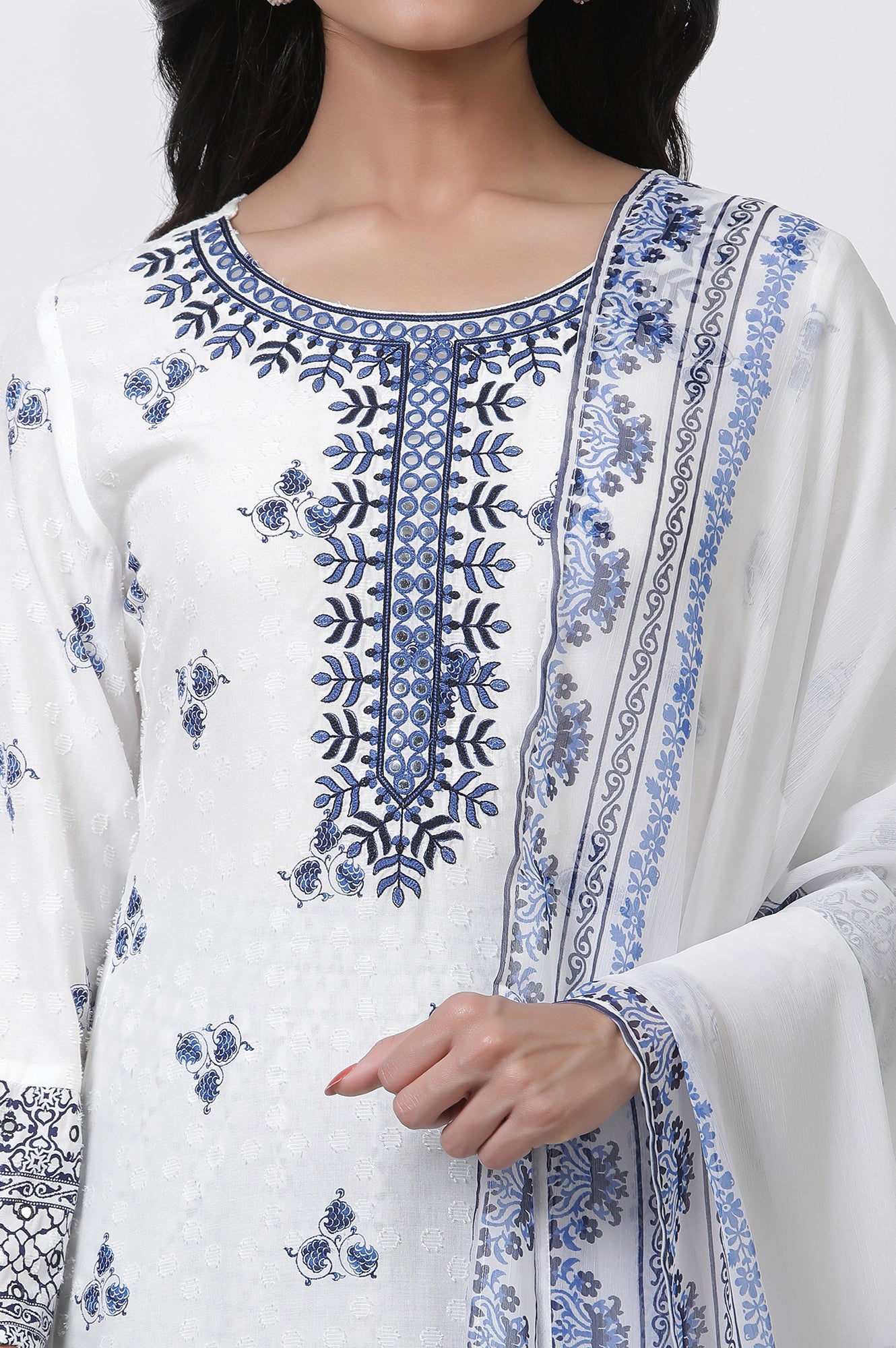 White Printed Kurta With Embroidery, Pants And Dupatta Set